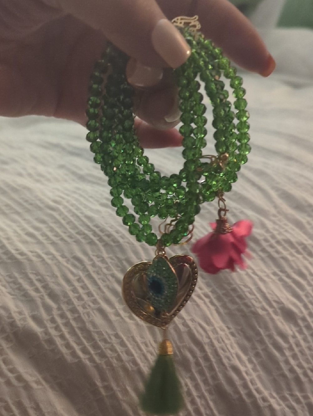 Green Crystal Multi-Strand Bracelet with Heart Pendant and Tassel